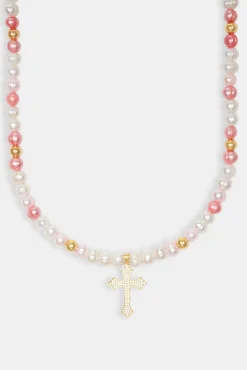 Women JWL-NECK-PRL Pink Bead & Cross Freshwater Pearl Necklace