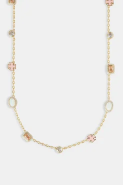 Women JWL-NECK Pink Enamel Cross & Gemstone Rolo Necklace - 10mm