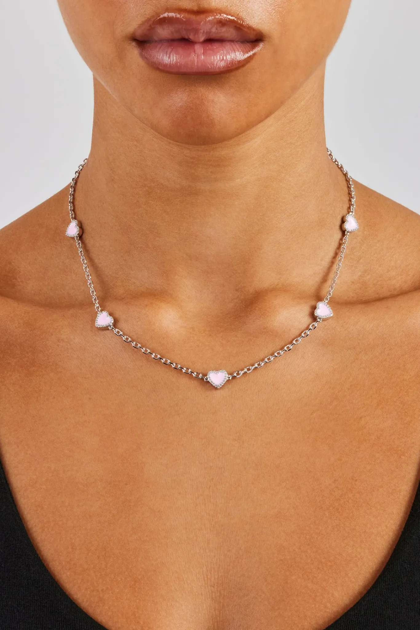 Women JWL-NECK Pink Enamel Heart Rolo Necklace - 8mm