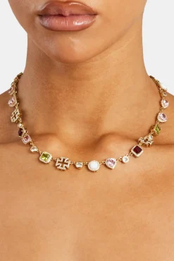 Women JWL-NECK Pink Heart Multi Gem Chain - Gold