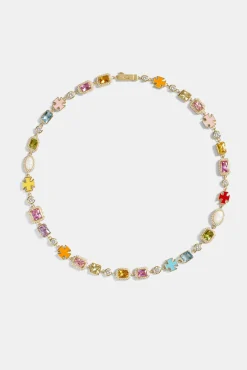 Women JWL-NECK Pink Multi Gemstone Motif Necklace - Gold