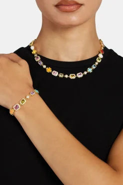 Women JWL-BUND Pink Multi Gemstone Motif Necklace & Bracelet - Gold