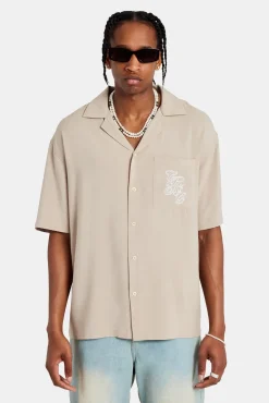 CLO-TOP-SHIR Pocket Embroidered Bowling Shirt - Taupe