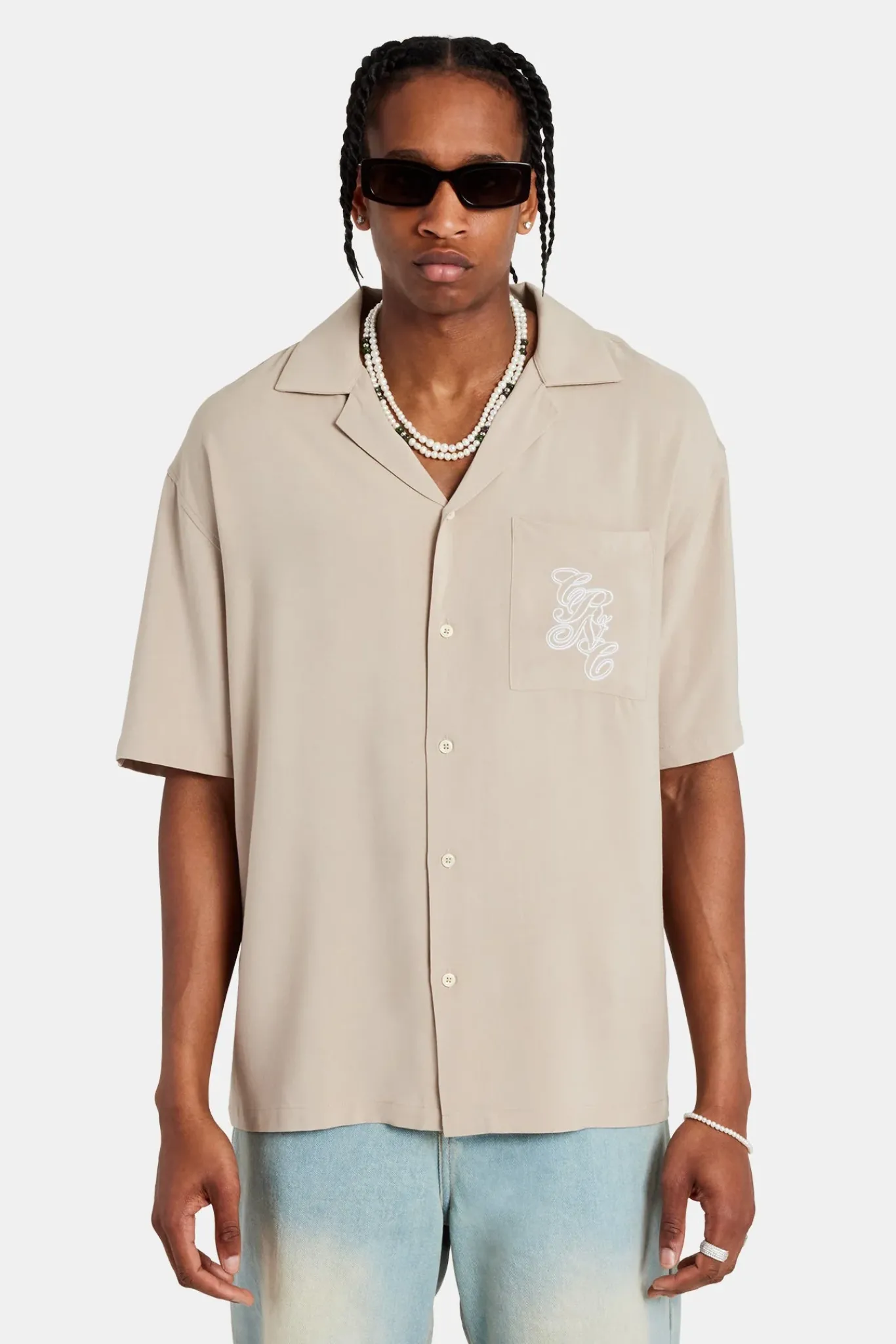 CLO-TOP-SHIR Pocket Embroidered Bowling Shirt - Taupe