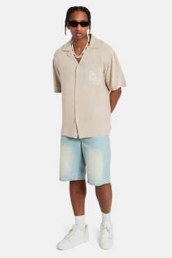 CLO-TOP-SHIR Pocket Embroidered Bowling Shirt - Taupe