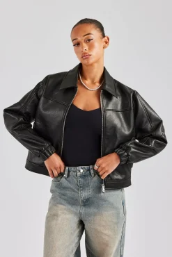 Women CLO-TOP-OUT PU Embroidered Harrington Jacket - Black