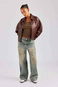 Women CLO-TOP-OUT PU Embroidered Harrington Jacket - Brown