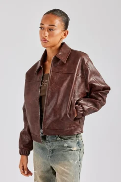 Women CLO-TOP-OUT PU Embroidered Harrington Jacket - Brown