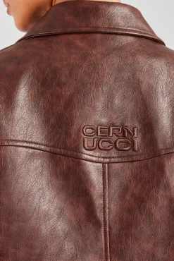 Women CLO-TOP-OUT PU Embroidered Harrington Jacket - Brown
