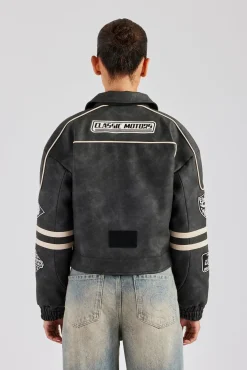 Women CLO-TOP-OUT PU Moto Badge Harrington Jacket - Charcoal