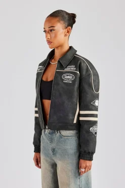Women CLO-TOP-OUT PU Moto Badge Harrington Jacket - Charcoal