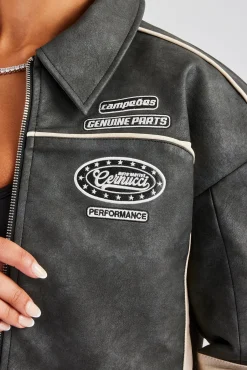 Women CLO-TOP-OUT PU Moto Badge Harrington Jacket - Charcoal