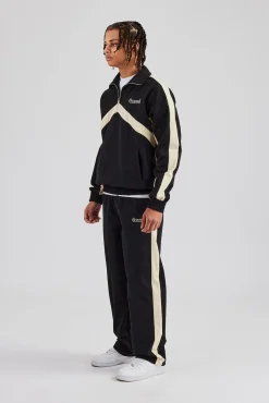 CLO-SET Quarter Zip Nylon Contrast Stripe Jacket & Straight Leg Jogger - Black