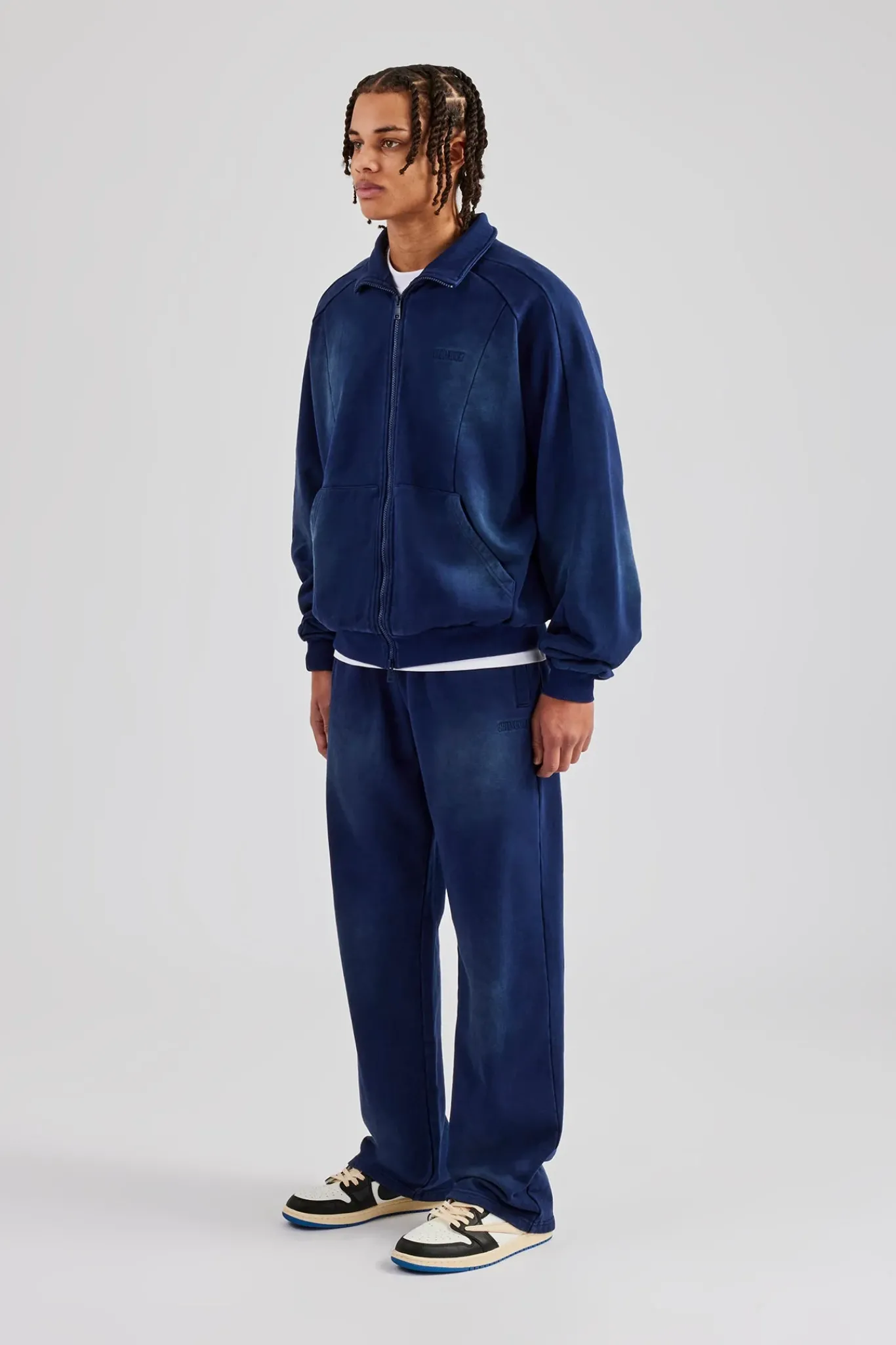 CLO-SET Raglan Seam Detail Zip Through Hoodie & Straight Leg Jogger - Navy Blue