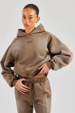 Women CLO-TOP-HS-HOOD Raglan Washed Cropped Hoodie - Washed Taupe