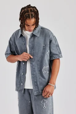 CLO-TOP-SHIR Raw Edge Applique Carpenter Denim Shirt - Washed Grey