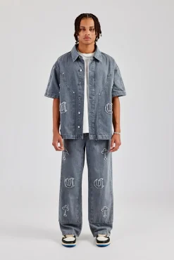 CLO-TOP-SHIR Raw Edge Applique Carpenter Denim Shirt - Washed Grey
