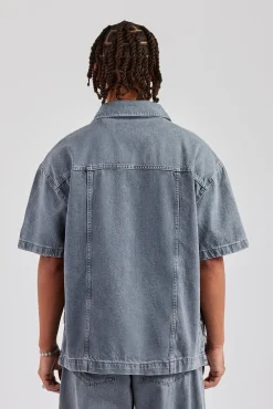 CLO-TOP-SHIR Raw Edge Applique Carpenter Denim Shirt - Washed Grey