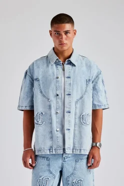 CLO-TOP-SHIR-DEN Raw Edge Applique Carpenter Denim Shirt - Ice Blue