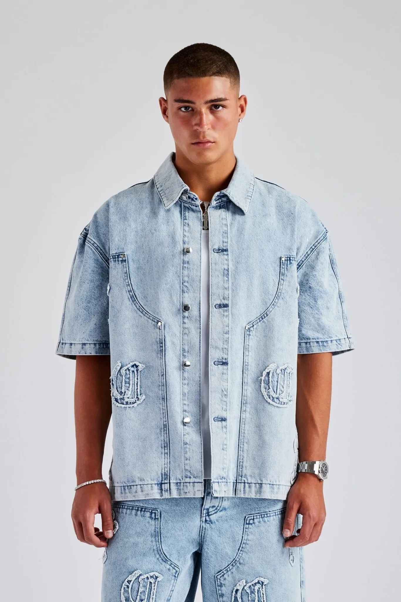 CLO-TOP-SHIR-DEN Raw Edge Applique Carpenter Denim Shirt - Ice Blue