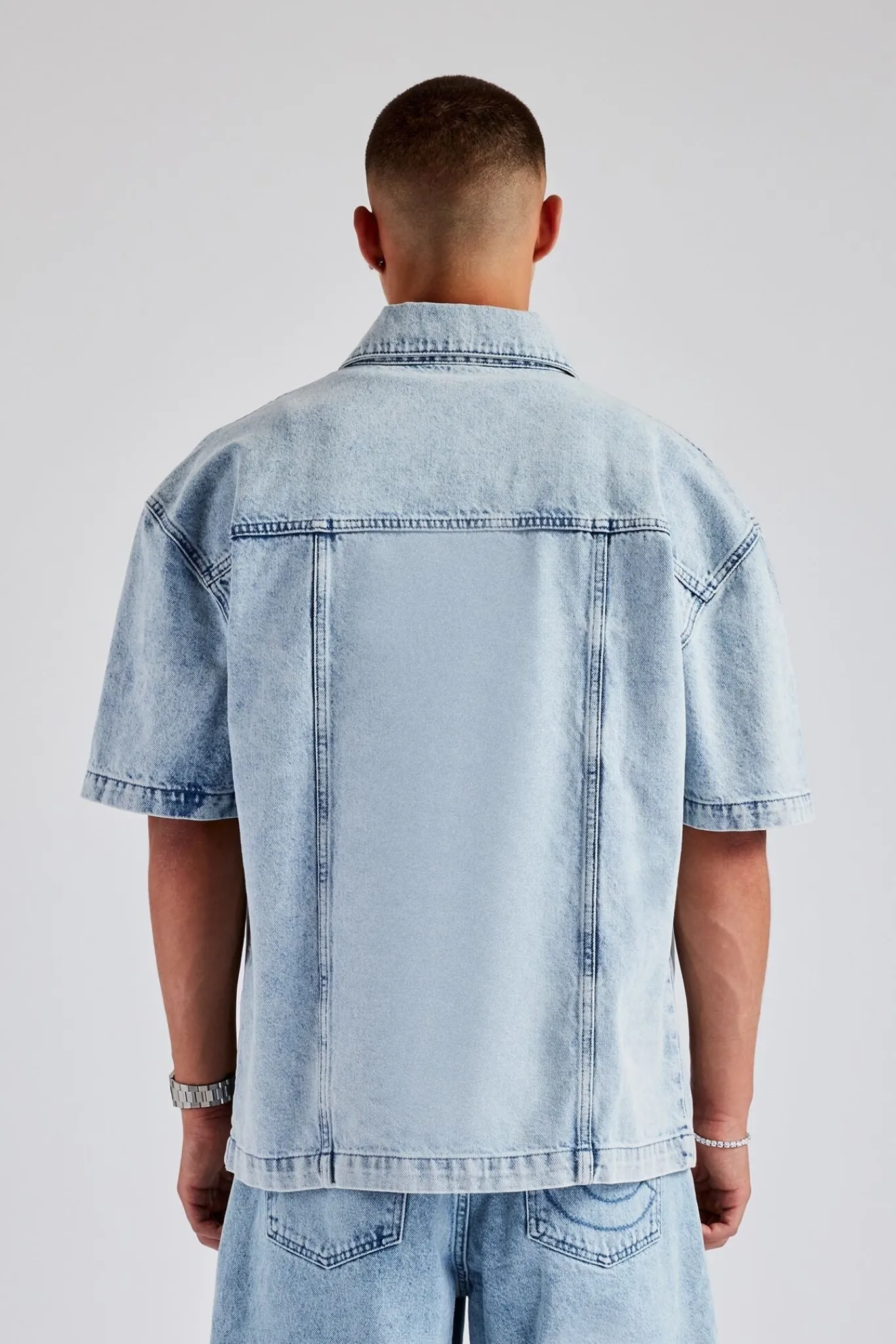 CLO-TOP-SHIR-DEN Raw Edge Applique Carpenter Denim Shirt - Ice Blue