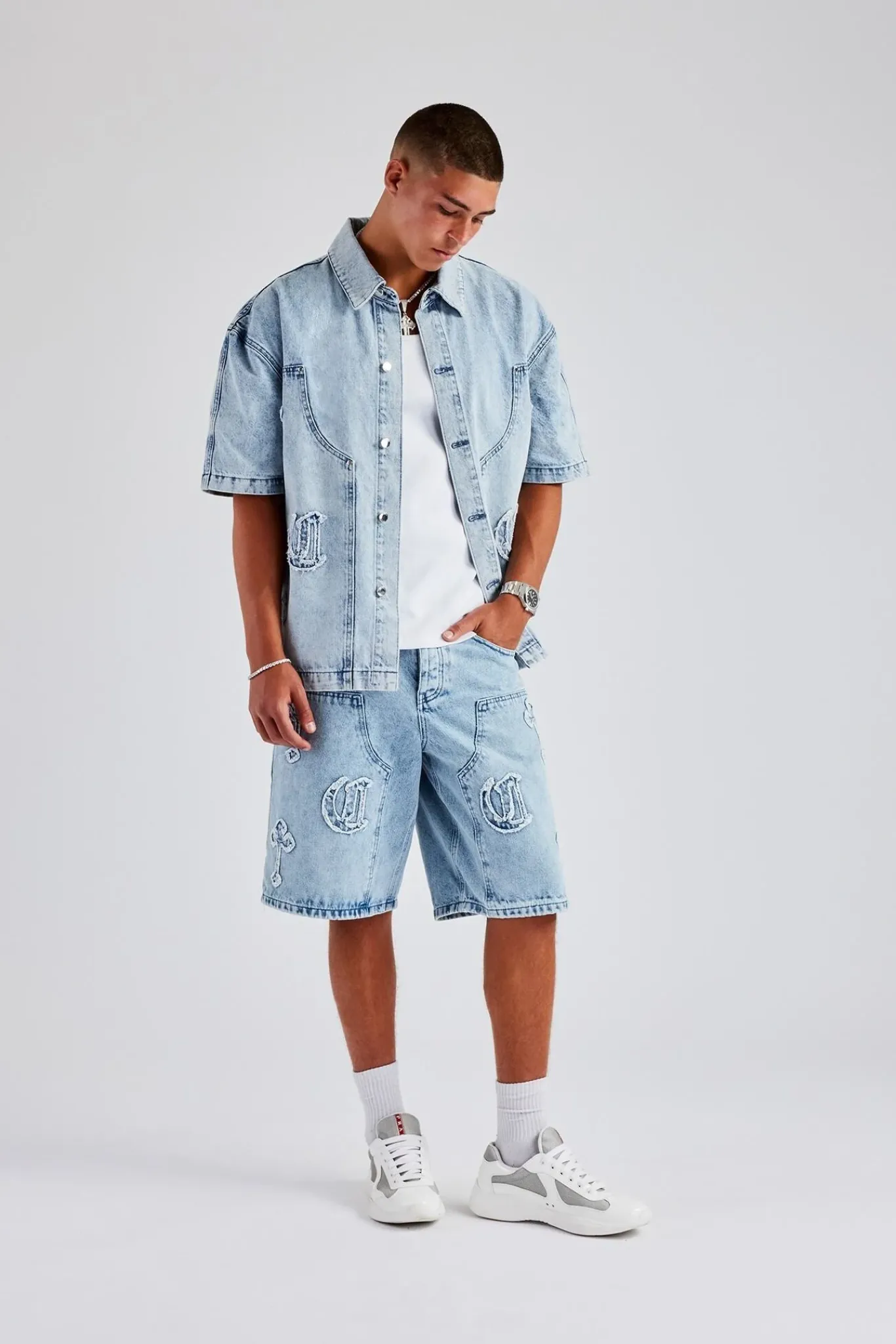 CLO-TOP-SHIR-DEN Raw Edge Applique Carpenter Denim Shirt - Ice Blue