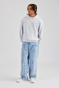 CLO-BOT-DEN Raw Edge Applique Carpenter Denim Jeans - Light Blue