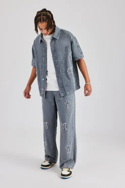 CLO-SET-DEN Raw Edge Applique Carpenter Denim Shirt & Jeans - Washed Grey