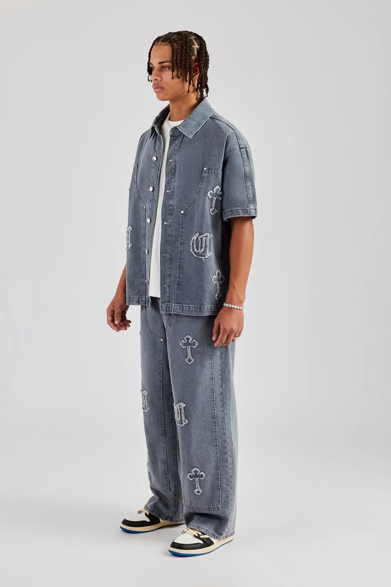 CLO-SET-DEN Raw Edge Applique Carpenter Denim Shirt & Jeans - Washed Grey