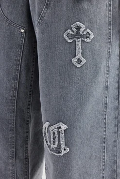 CLO-SET-DEN Raw Edge Applique Carpenter Denim Shirt & Jeans - Washed Grey