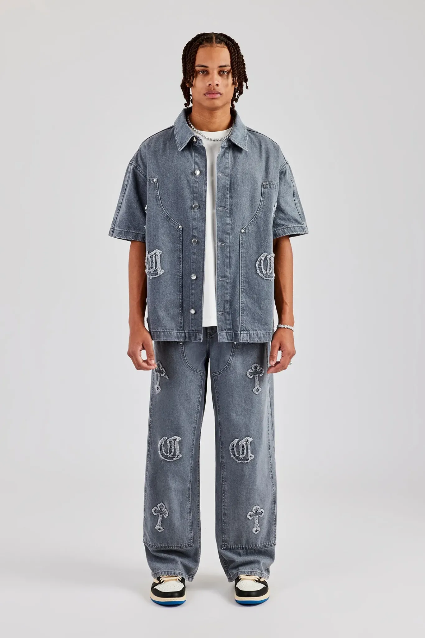 CLO-BOT-DEN Raw Edge Applique Carpenter Denim Jeans - Washed Grey
