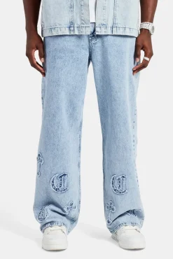 CLO-BOT-DEN Raw Edge Applique Cross Baggy Jean - Light Blue