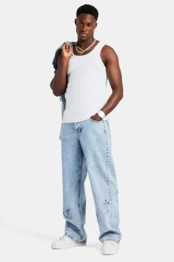 CLO-BOT-DEN Raw Edge Applique Cross Baggy Jean - Light Blue