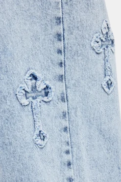CLO-BOT-DEN Raw Edge Applique Cross Baggy Jean - Light Blue