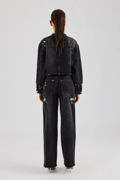 Women CLO-SET-DEN Raw Edge Denim Set - Washed Black