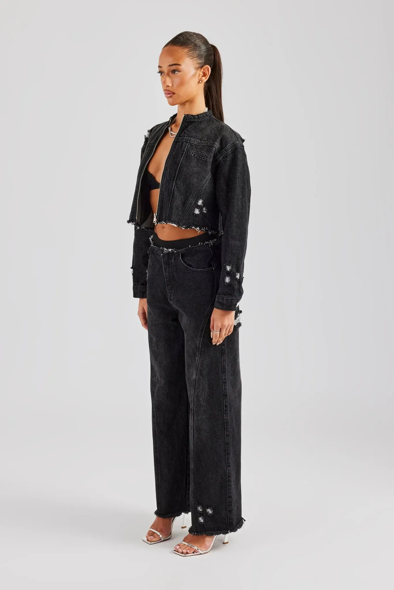 Women CLO-SET-DEN Raw Edge Denim Set - Washed Black