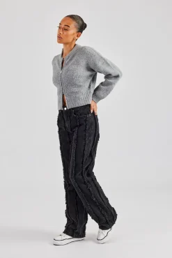 Women CLO-BOT-DEN Raw Edge Seam Detail Relaxed Jean - Washed Black