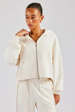 Women CLO-TOP-HS-HOOD Raw Edge Zip Through Hoodie - Off White