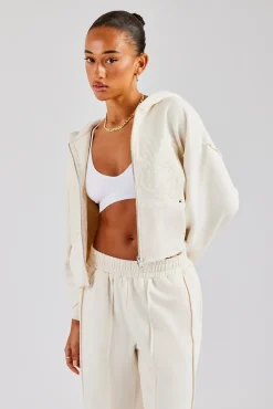 Women CLO-TOP-HS-HOOD Raw Edge Zip Through Hoodie - Off White