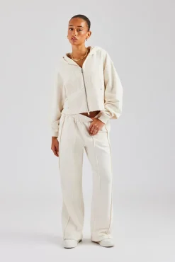 Women CLO-SET Raw Edge Zip Through Hoodie and Jogger Set - Off White