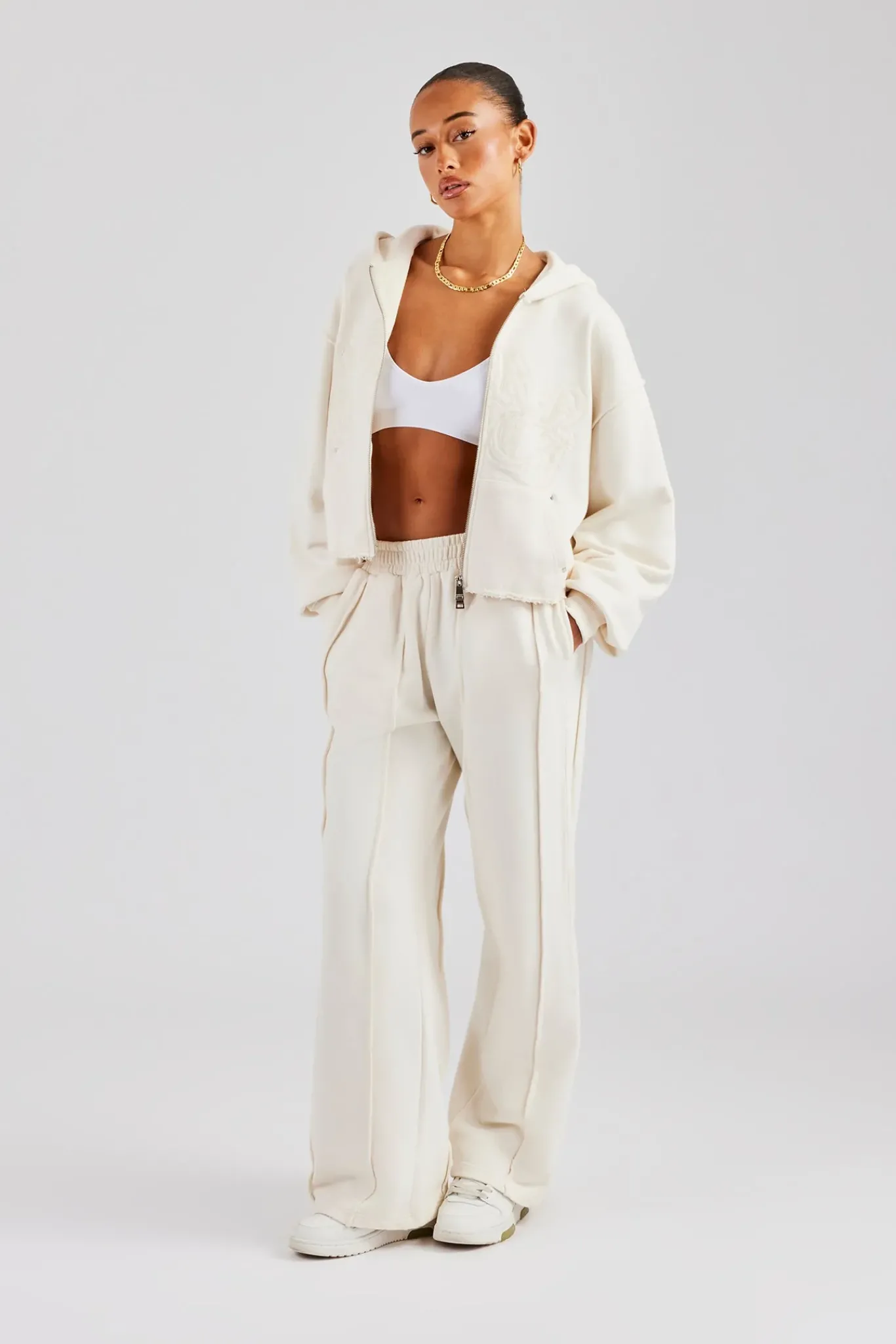 Women CLO-SET Raw Edge Zip Through Hoodie and Jogger Set - Off White