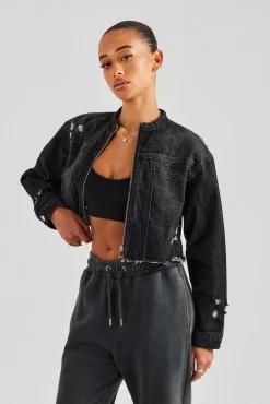 Women CLO-TOP-OUT-DEN Raw Hem Denim Collarless Jacket - Washed Black