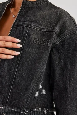 Women CLO-TOP-OUT-DEN Raw Hem Denim Collarless Jacket - Washed Black