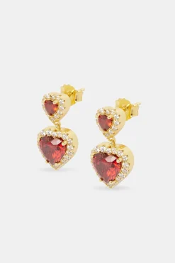 Women JWL-EAR Red Double Heart Drop Earrings - Gold