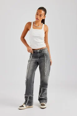 Women CLO-BOT-DEN Relaxed Raw Edge Detail Jeans - Washed Grey