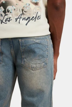 CLO-BOT-DEN Relaxed Rhinestone Pocket Detail Jeans  - Antique Wash