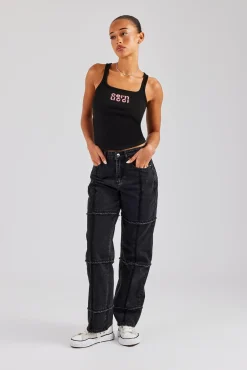 Women CLO-BOT-DEN Relaxed Square Raw Edge Jean - Washed Black