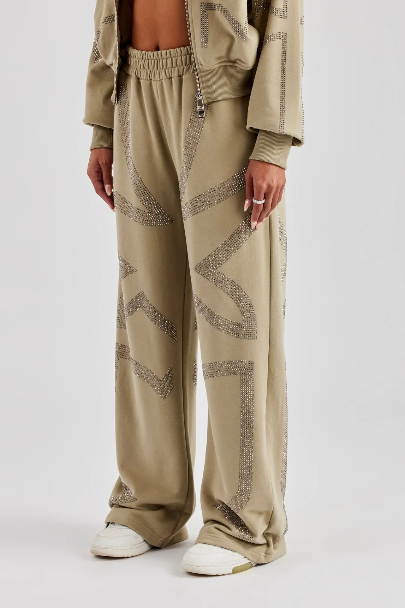 Women CLO-BOT-TRO Rhinestone Cross Wide Leg Jogger - Khaki