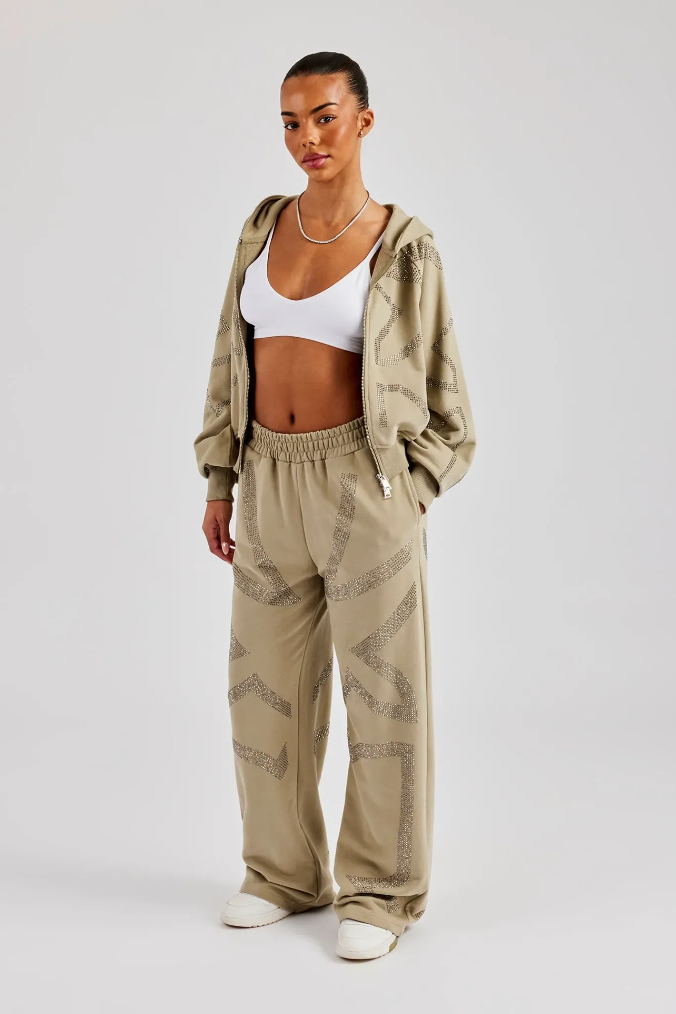 Women CLO-BOT-TRO Rhinestone Cross Wide Leg Jogger - Khaki