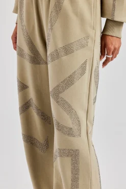 Women CLO-BOT-TRO Rhinestone Cross Wide Leg Jogger - Khaki